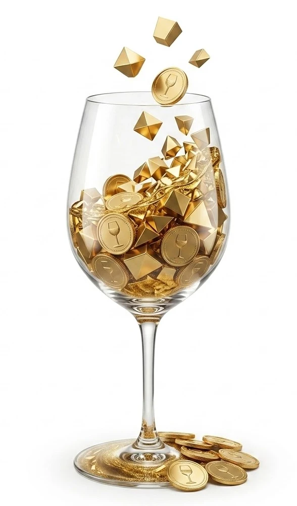 Glass of wine full of gold lingots and coins